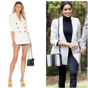 L'agence Brea Striped Linen Blazer White Ivory Black Size 4 Meghan Markle Jacket